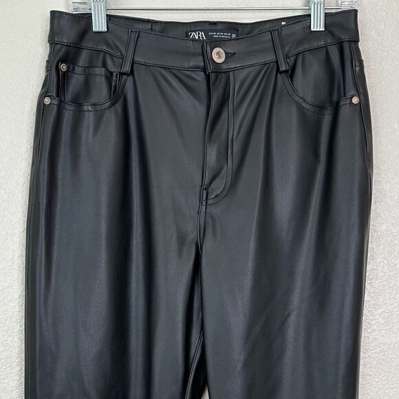 Zara Black Faux Leather Straight Leg High Rise Pants, Size 8 - Picture 3 of 13